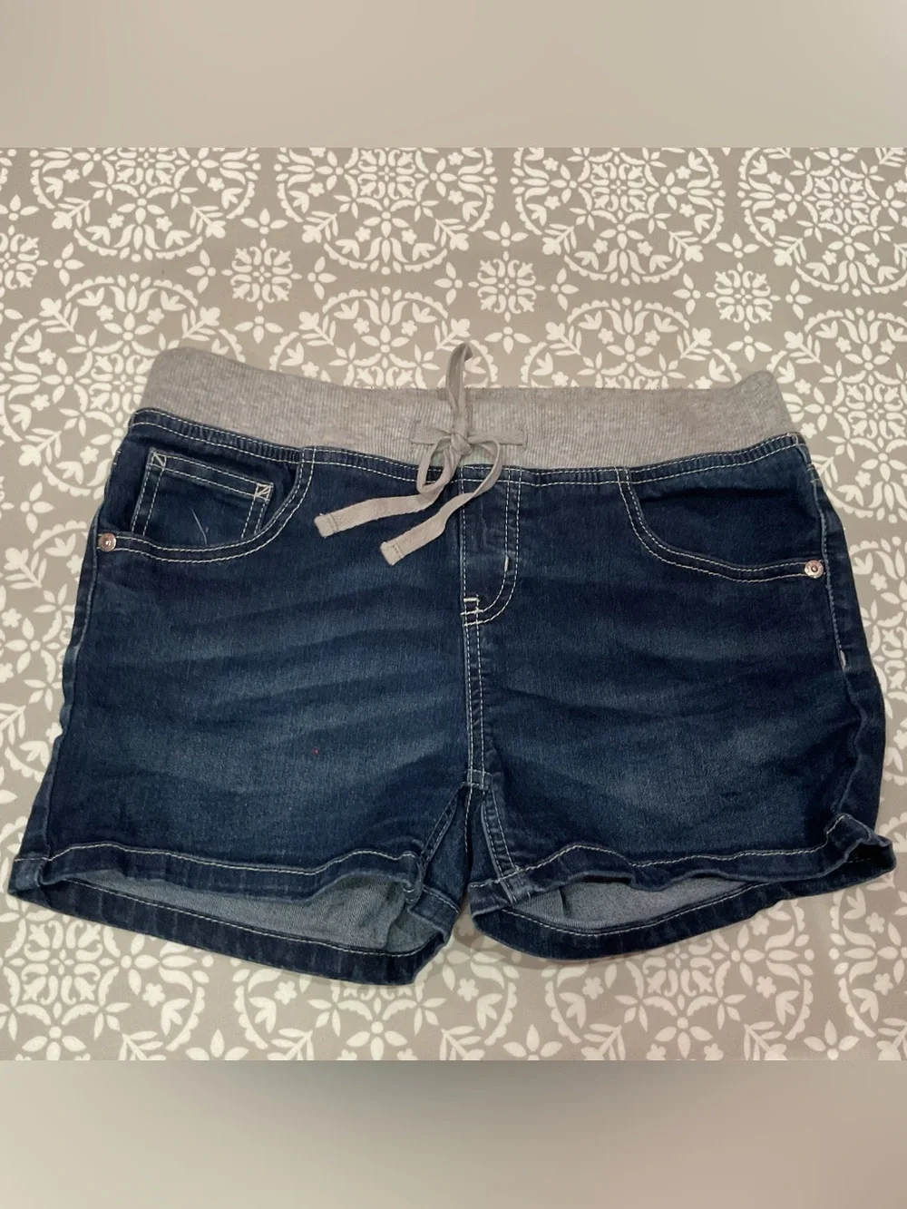 Justice Girls Dark Blue Denim Shorts with Gray Drawstring Waist Size 14